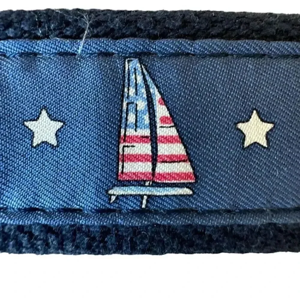 Vineyard Vines America’s Cup Navy Sailboats Canvas Club Belt Brown Leather SZ 44